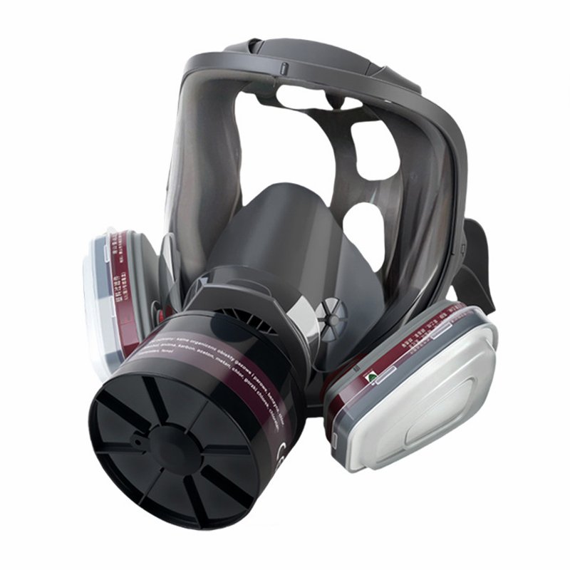 Full-face respirator for spray painting, chemical and pesticide applications; dust-proof with filter canister attachment; protective face shield.