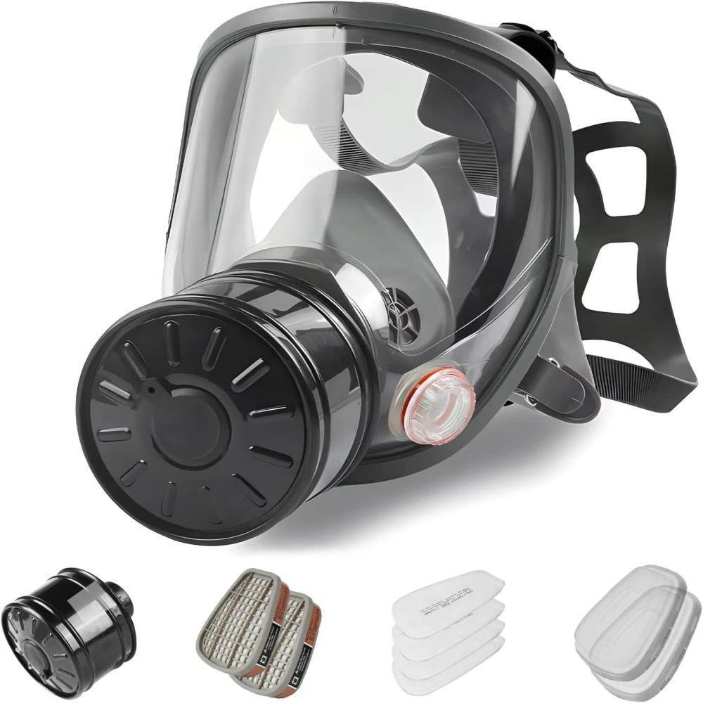 Full-face respirator for spray painting, chemical and pesticide applications; dust-proof with filter canister attachment; protective face shield.