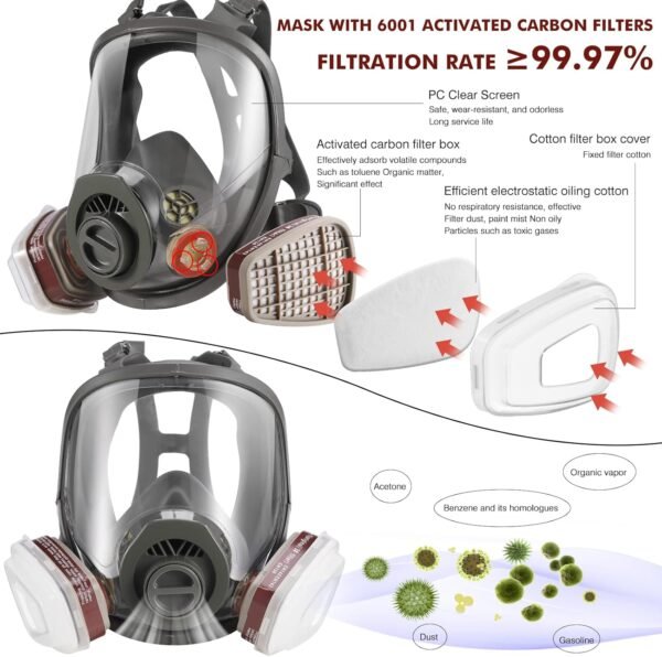 Protective Mask for Spray Painting, Chemicals, Pesticides and Firefighting Full-Face Respirator with Activated Carbon for Dust and Toxic Gas Protection
