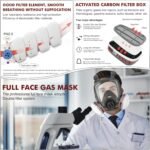 Full-face respirator for spray painting, chemical and pesticide applications; dust-proof with filter canister attachment; protective face shield.