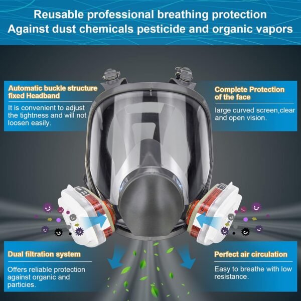 Protective Mask for Spray Painting, Chemicals, Pesticides and Firefighting Full-Face Respirator with Activated Carbon for Dust and Toxic Gas Protection