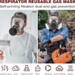 Full-face respirator for spray painting, chemical and pesticide applications; dust-proof with filter canister attachment; protective face shield.